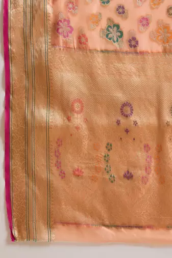 Women's peach organza zari woven saree with unstitched blouse piece