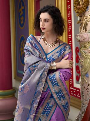 lavender banarasi silk blend saree with unstitched blouse 4