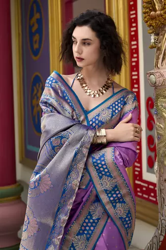 lavender banarasi silk blend saree with unstitched blouse