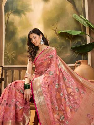Women's pink organza zari woven saree with unstitched blouse piece 1