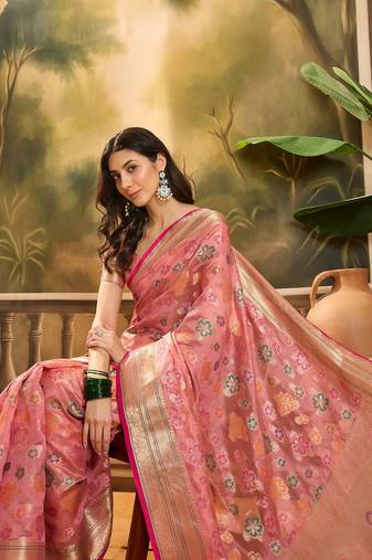 Women's pink organza zari woven saree with unstitched blouse piece