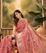 Women's pink organza zari woven saree with unstitched blouse piece