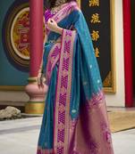 teal banarasi silk blend saree with unstitched blouse