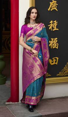 teal banarasi silk blend saree with unstitched blouse 2