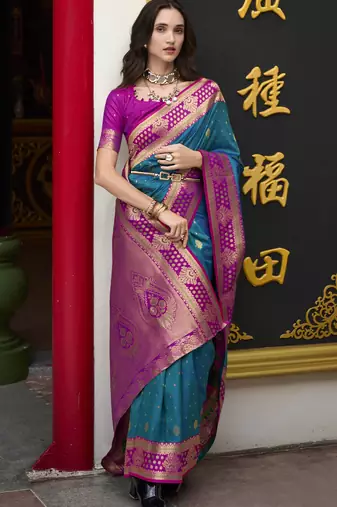 teal banarasi silk blend saree with unstitched blouse