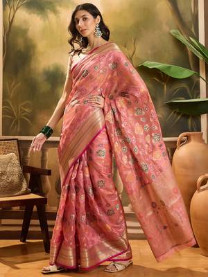 Women's pink organza zari woven saree with unstitched blouse piece 2