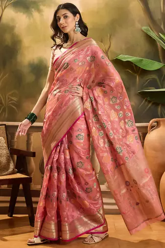 Women's pink organza zari woven saree with unstitched blouse piece