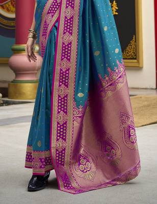teal banarasi silk blend saree with unstitched blouse 3