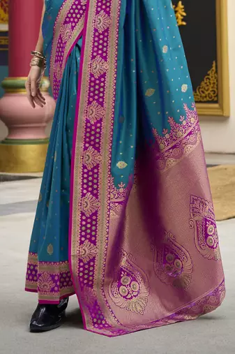teal banarasi silk blend saree with unstitched blouse
