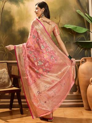 Women's pink organza zari woven saree with unstitched blouse piece 3