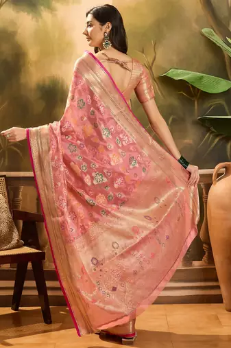 Women's pink organza zari woven saree with unstitched blouse piece