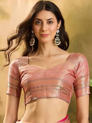 Women's pink organza zari woven saree with unstitched blouse piece 4
