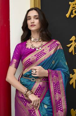 teal banarasi silk blend saree with unstitched blouse 4