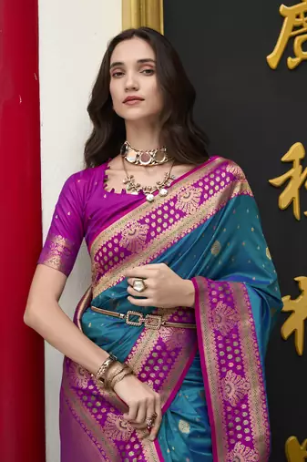 teal banarasi silk blend saree with unstitched blouse