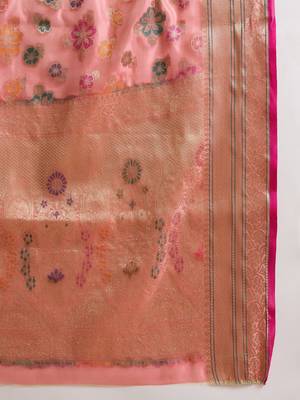 Women's pink organza zari woven saree with unstitched blouse piece 5