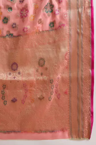 Women's pink organza zari woven saree with unstitched blouse piece