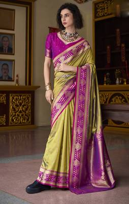 mehndi banarasi silk blend saree with unstitched blouse 1