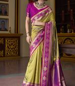mehndi banarasi silk blend saree with unstitched blouse