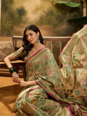 Women's pista organza zari woven saree with unstitched blouse piece 1