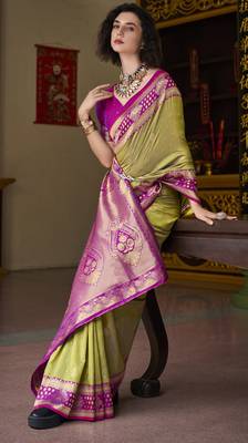 mehndi banarasi silk blend saree with unstitched blouse 2
