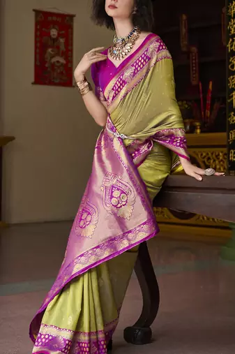 mehndi banarasi silk blend saree with unstitched blouse