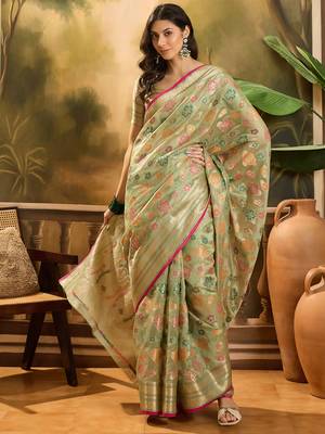 Women's pista organza zari woven saree with unstitched blouse piece 2