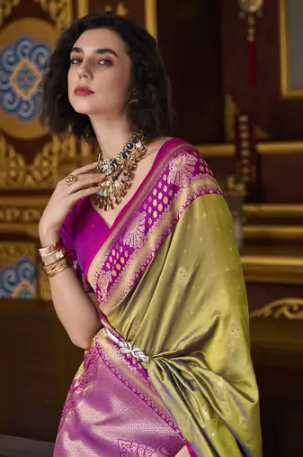 mehndi banarasi silk blend saree with unstitched blouse