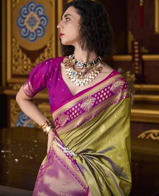 mehndi banarasi silk blend saree with unstitched blouse 4