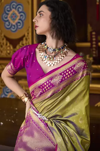 mehndi banarasi silk blend saree with unstitched blouse