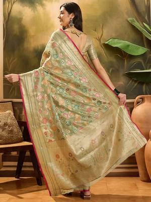 Women's pista organza zari woven saree with unstitched blouse piece 3
