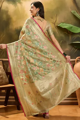 Women's pista organza zari woven saree with unstitched blouse piece