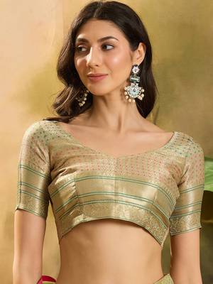 Women's pista organza zari woven saree with unstitched blouse piece 4
