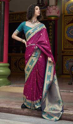 wine banarasi silk blend saree with unstitched blouse 1