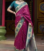 wine banarasi silk blend saree with unstitched blouse
