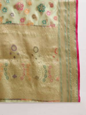 Women's pista organza zari woven saree with unstitched blouse piece 5