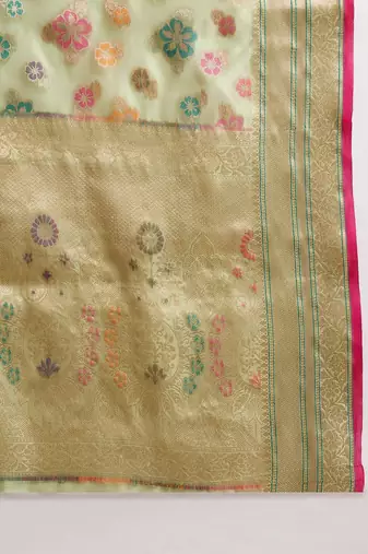 Women's pista organza zari woven saree with unstitched blouse piece