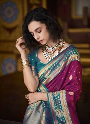 wine banarasi silk blend saree with unstitched blouse 2