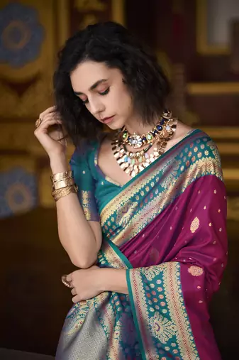 wine banarasi silk blend saree with unstitched blouse