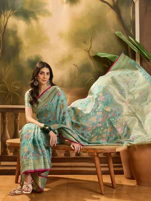 Women's sky organza zari woven saree with unstitched blouse piece 1