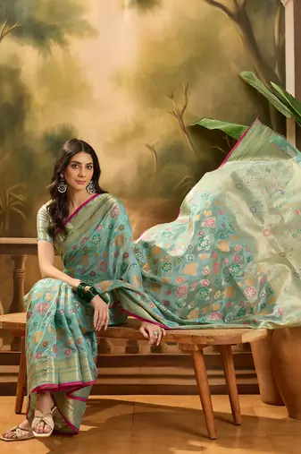 Women's sky organza zari woven saree with unstitched blouse piece