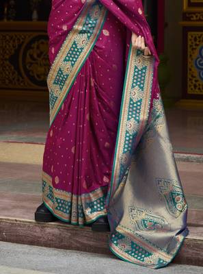 wine banarasi silk blend saree with unstitched blouse 3