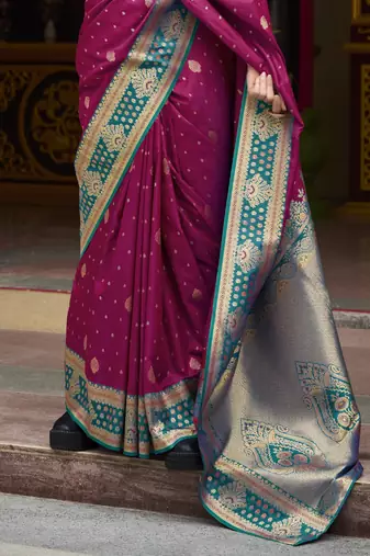 wine banarasi silk blend saree with unstitched blouse