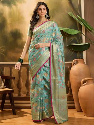 Women's sky organza zari woven saree with unstitched blouse piece 2