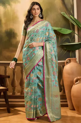 Women's sky organza zari woven saree with unstitched blouse piece