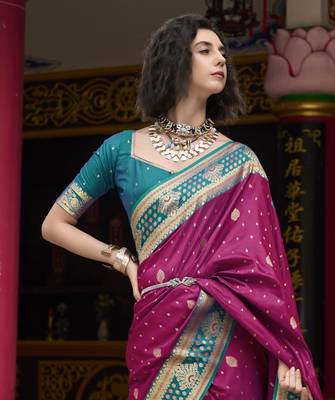 wine banarasi silk blend saree with unstitched blouse 4