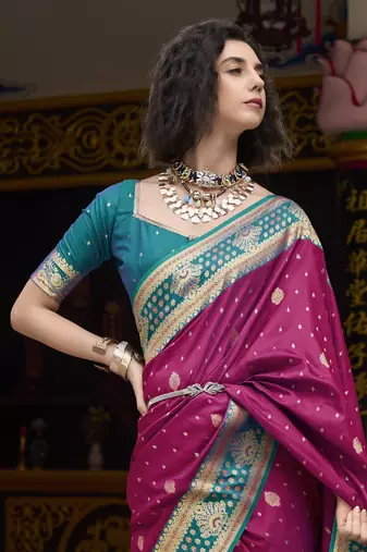 wine banarasi silk blend saree with unstitched blouse