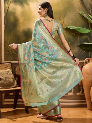 Women's sky organza zari woven saree with unstitched blouse piece 3