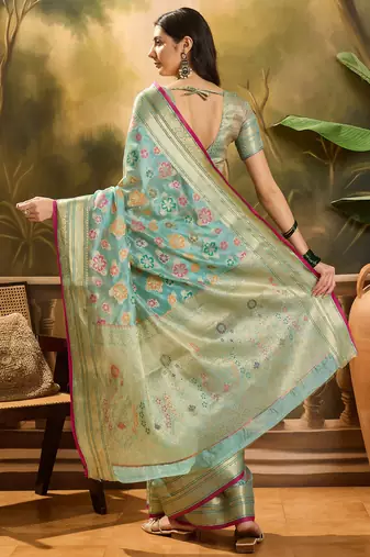 Women's sky organza zari woven saree with unstitched blouse piece