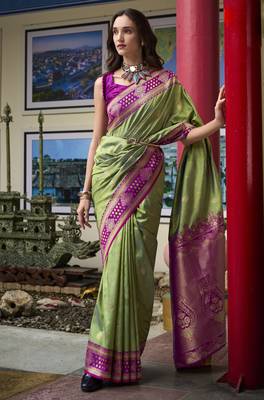 parrot green banarasi silk blend saree with unstitched blouse 1