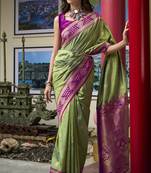parrot green banarasi silk blend saree with unstitched blouse